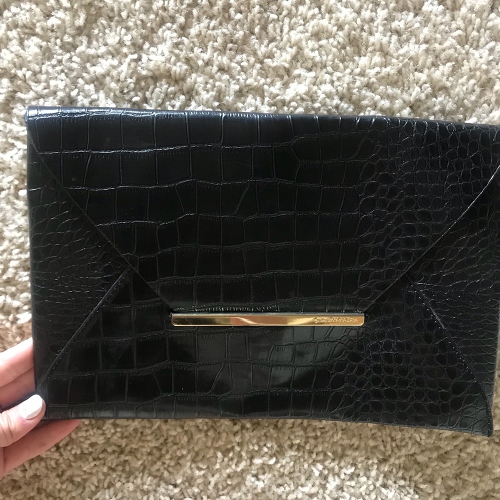 BCBG black leather croc embossed clutch